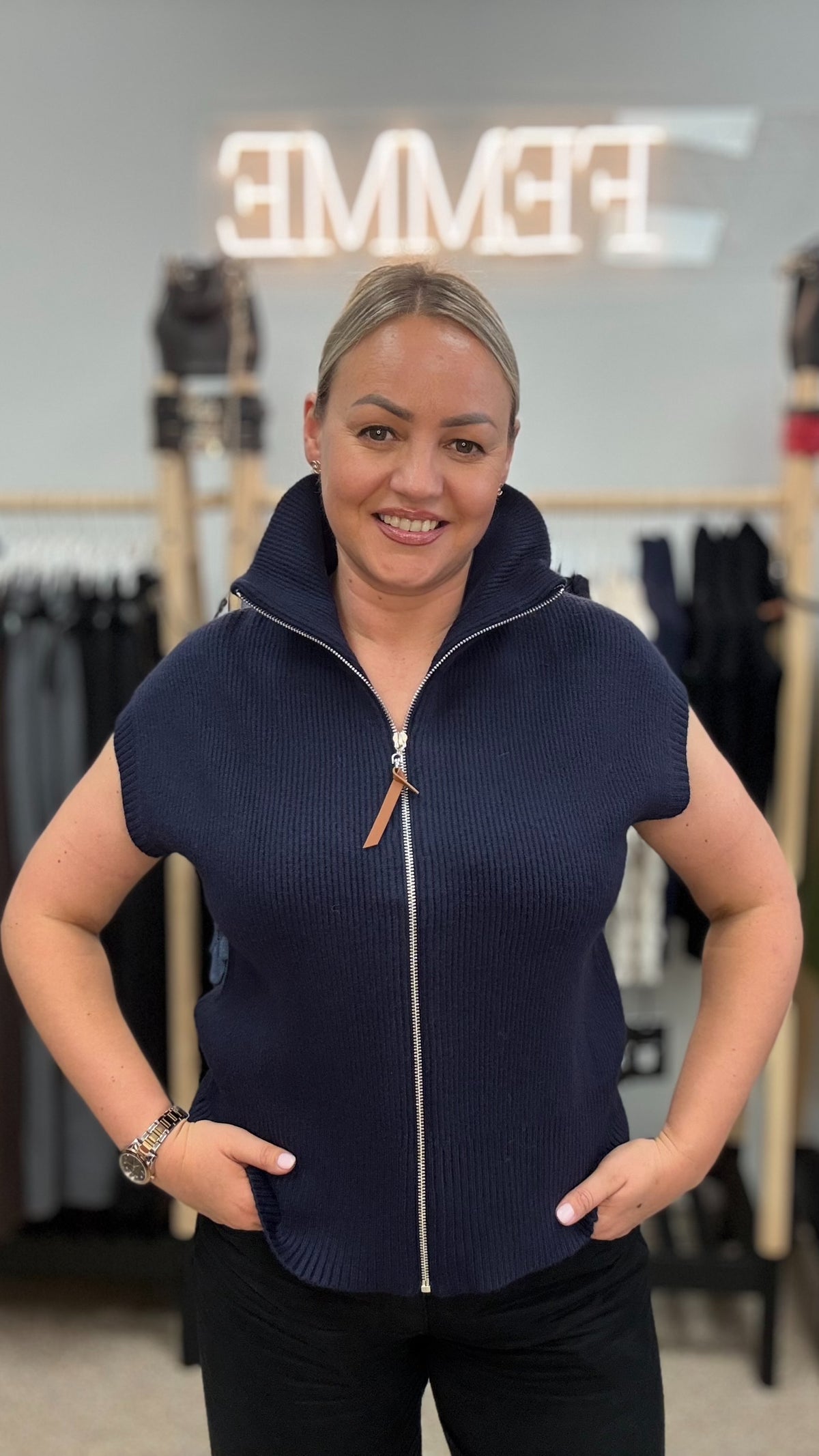 Blue Knitted Zip-Up Vest