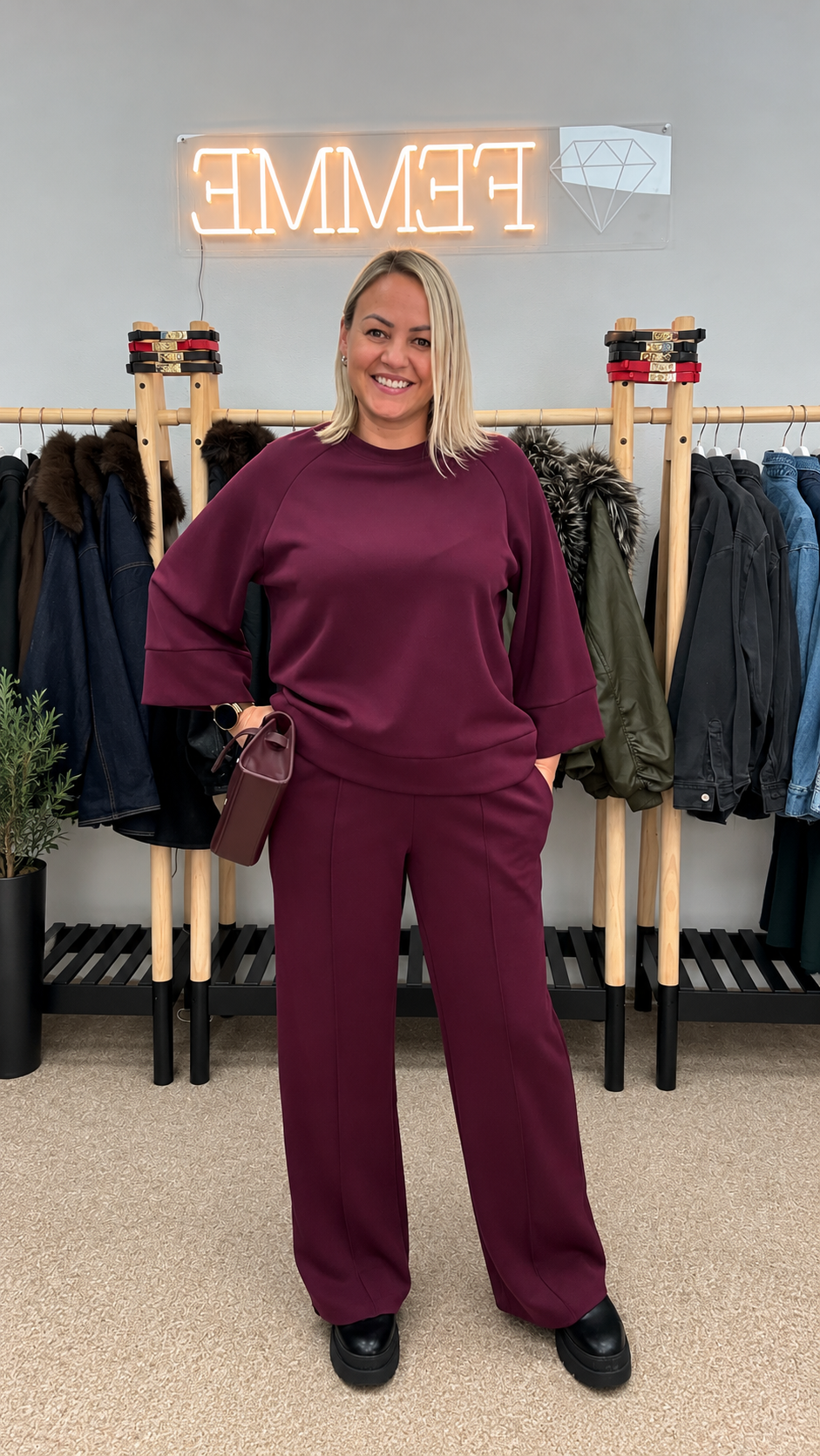 A suit in burgundy tone
