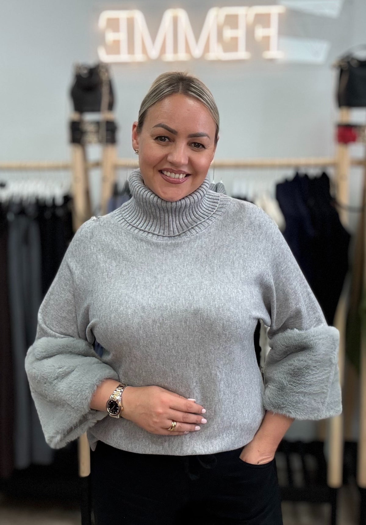 Grey Turtleneck Sweater with Faux Fur Sleeves