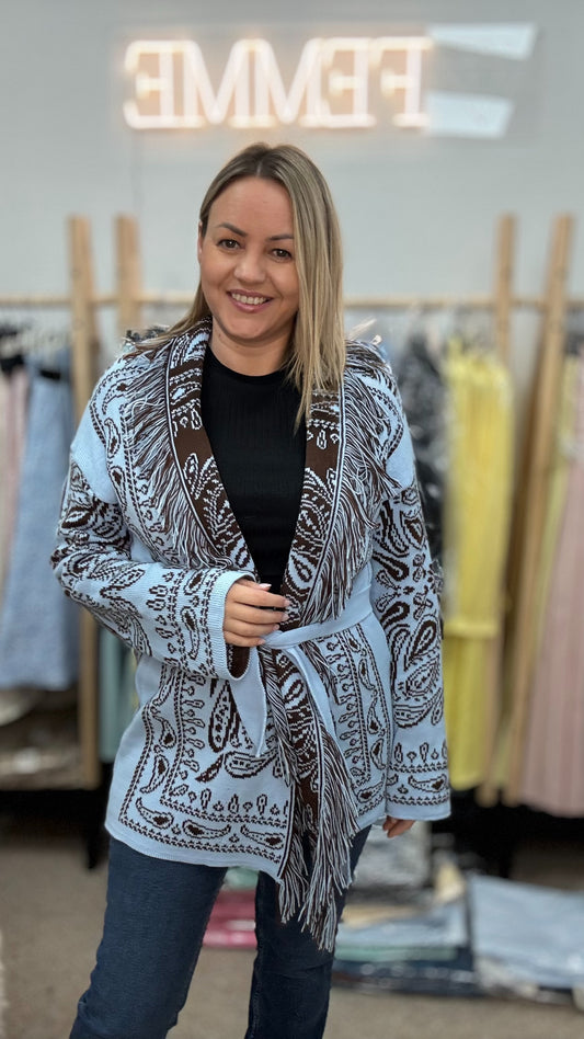 Kardigans zilā tonī ar jostu 