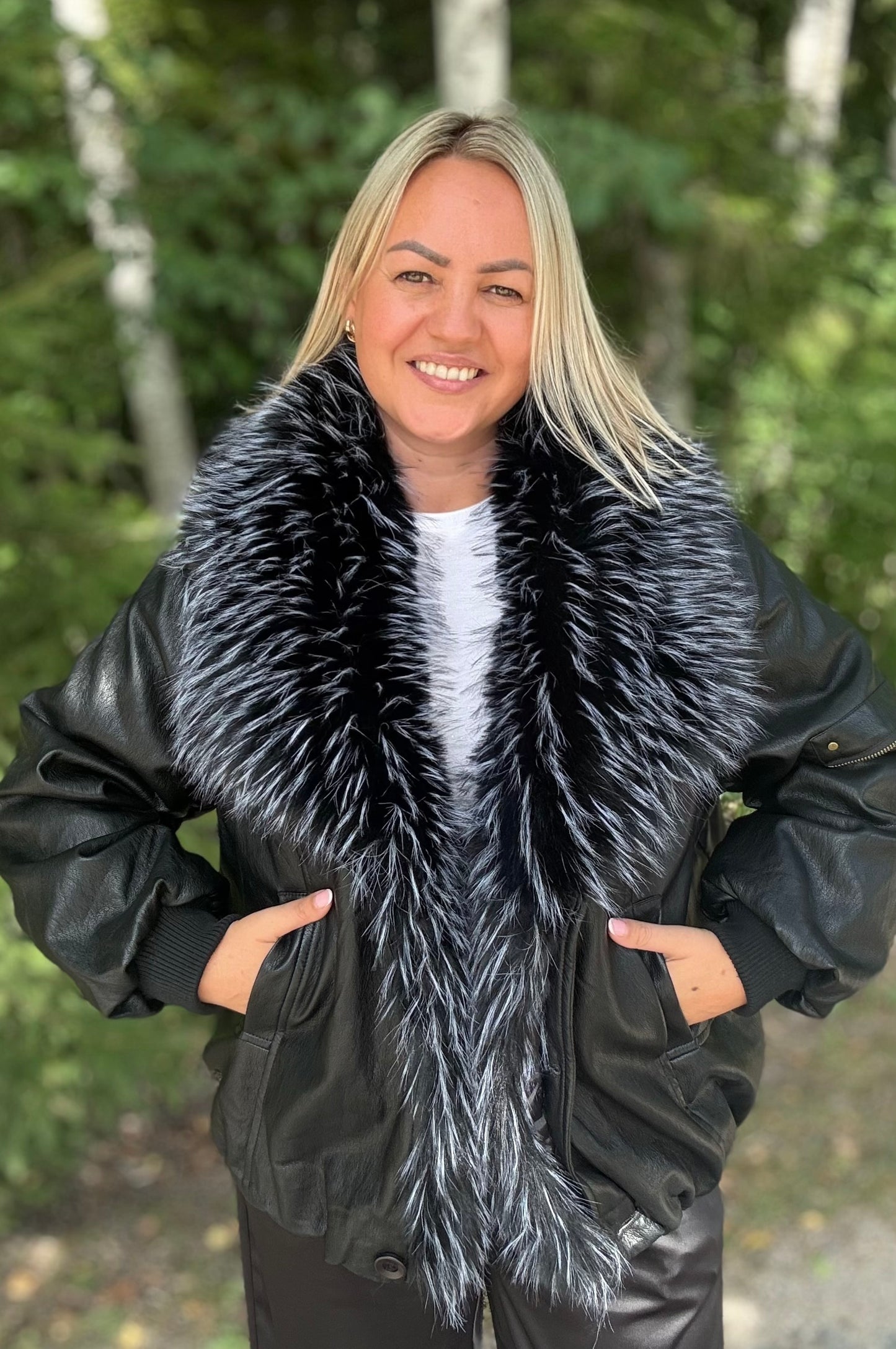 Faux leather jacket with faux fur black color
