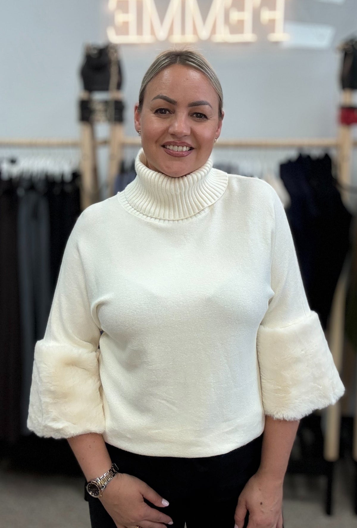White Turtleneck Sweater with Faux Fur Sleeves