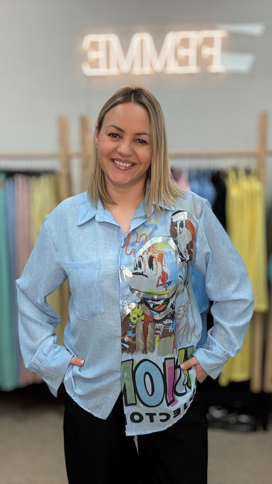 Blūze zilā tonī ar Mikimausa Printu 