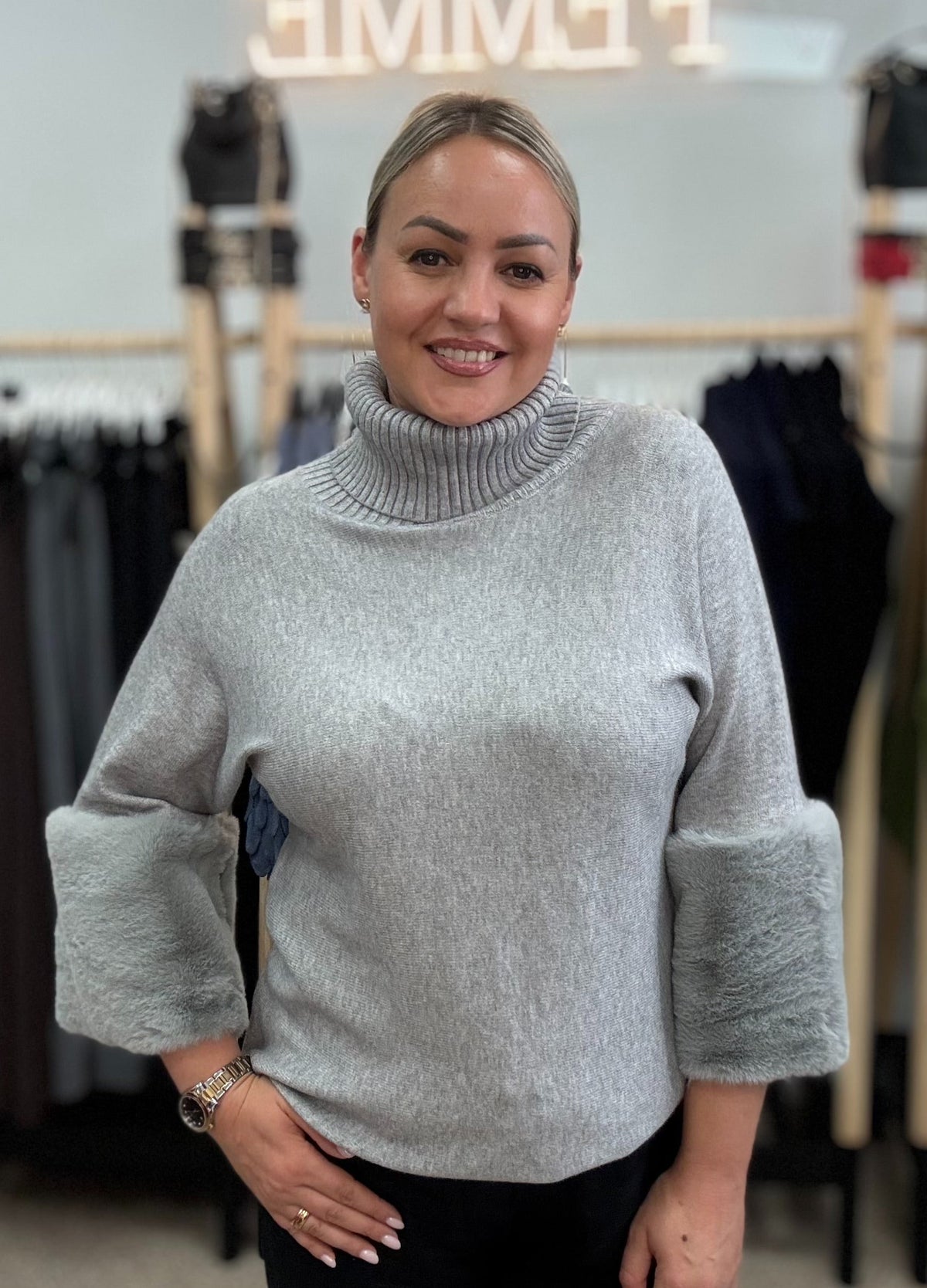 Grey Turtleneck Sweater with Faux Fur Sleeves