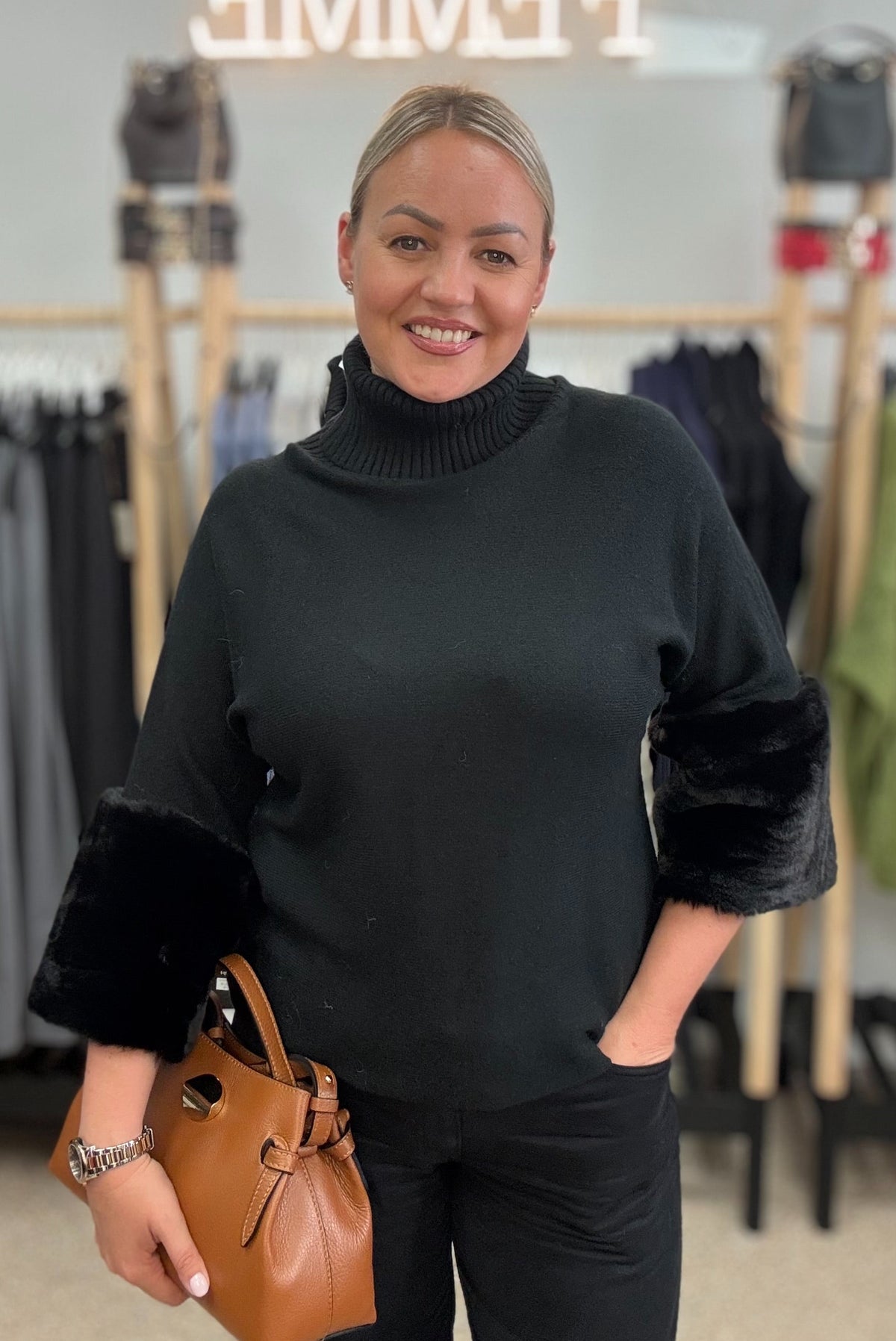 Black Turtleneck Sweater with Faux Fur Sleeves