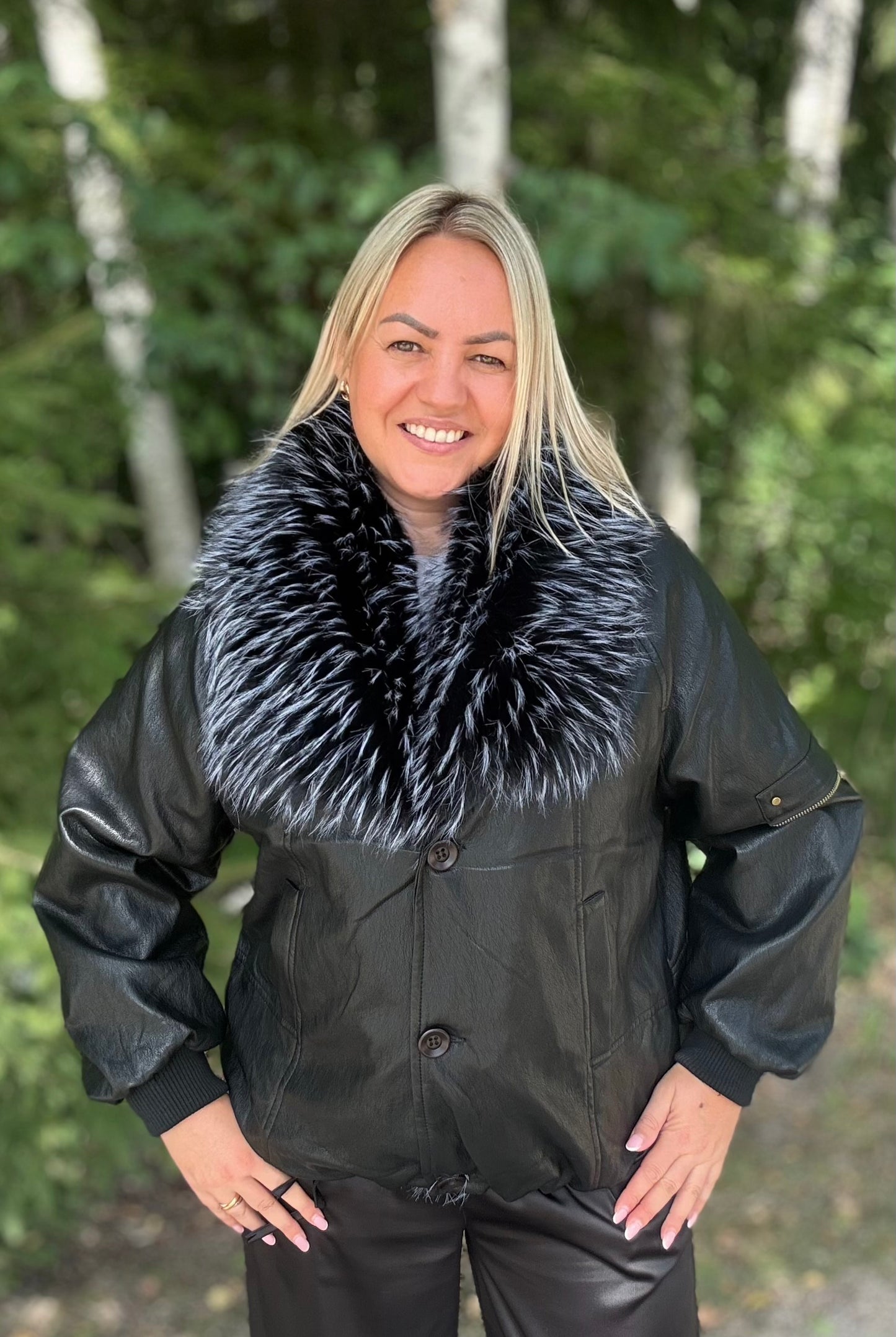 Faux leather jacket with faux fur black color