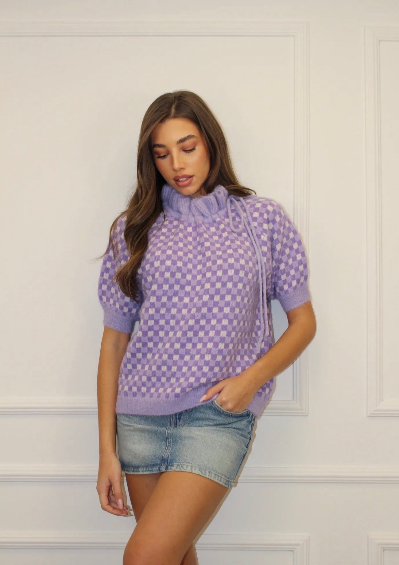 Свитер с короткими рукавами, лилового цвета 