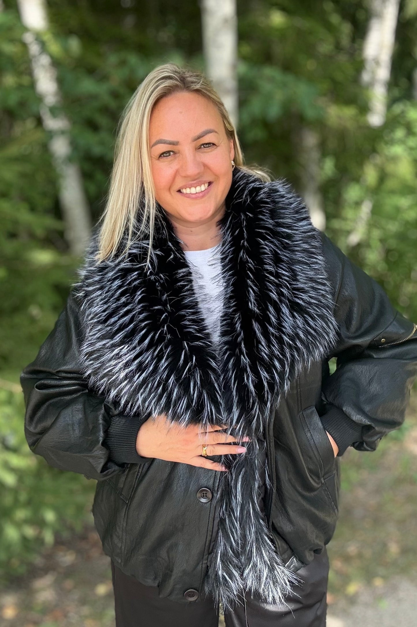 Faux leather jacket with faux fur black color
