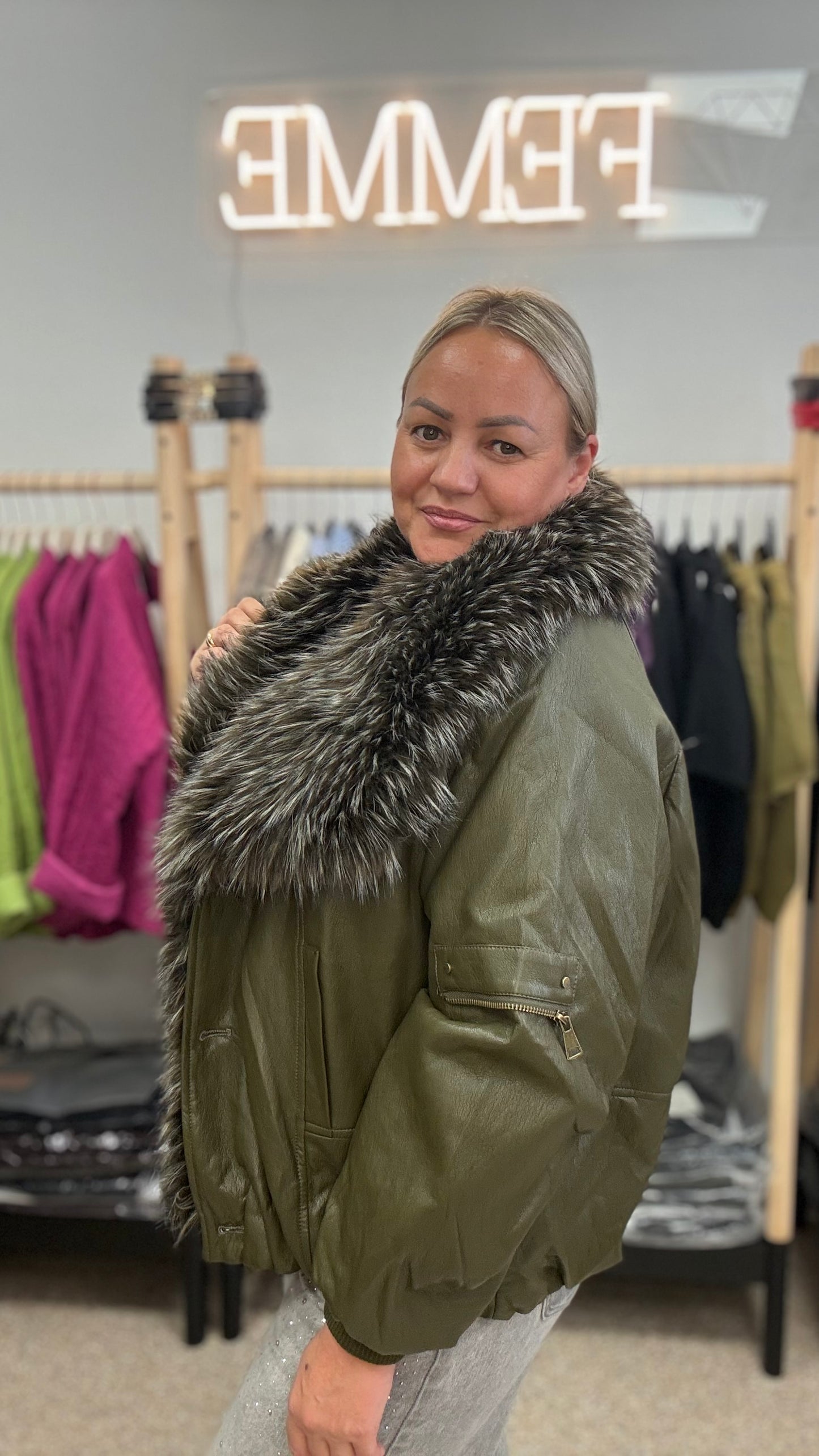 Faux leather jacket haki color
