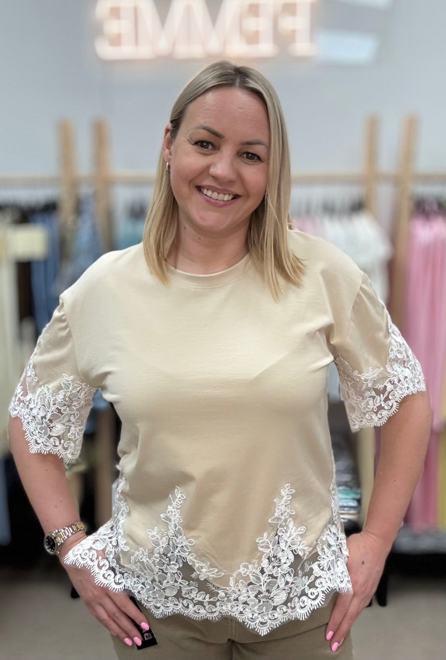 Beige T-shirt with lace