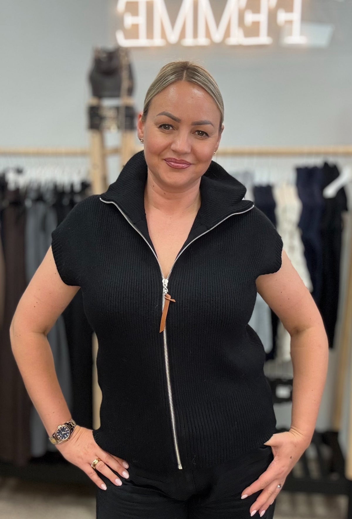 Black Knitted Zip-Up Vest