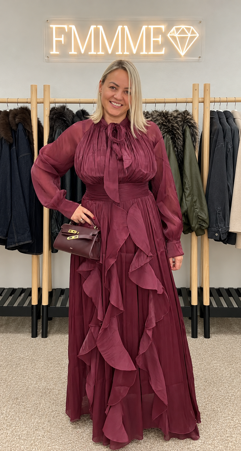A dress in burgundy tone