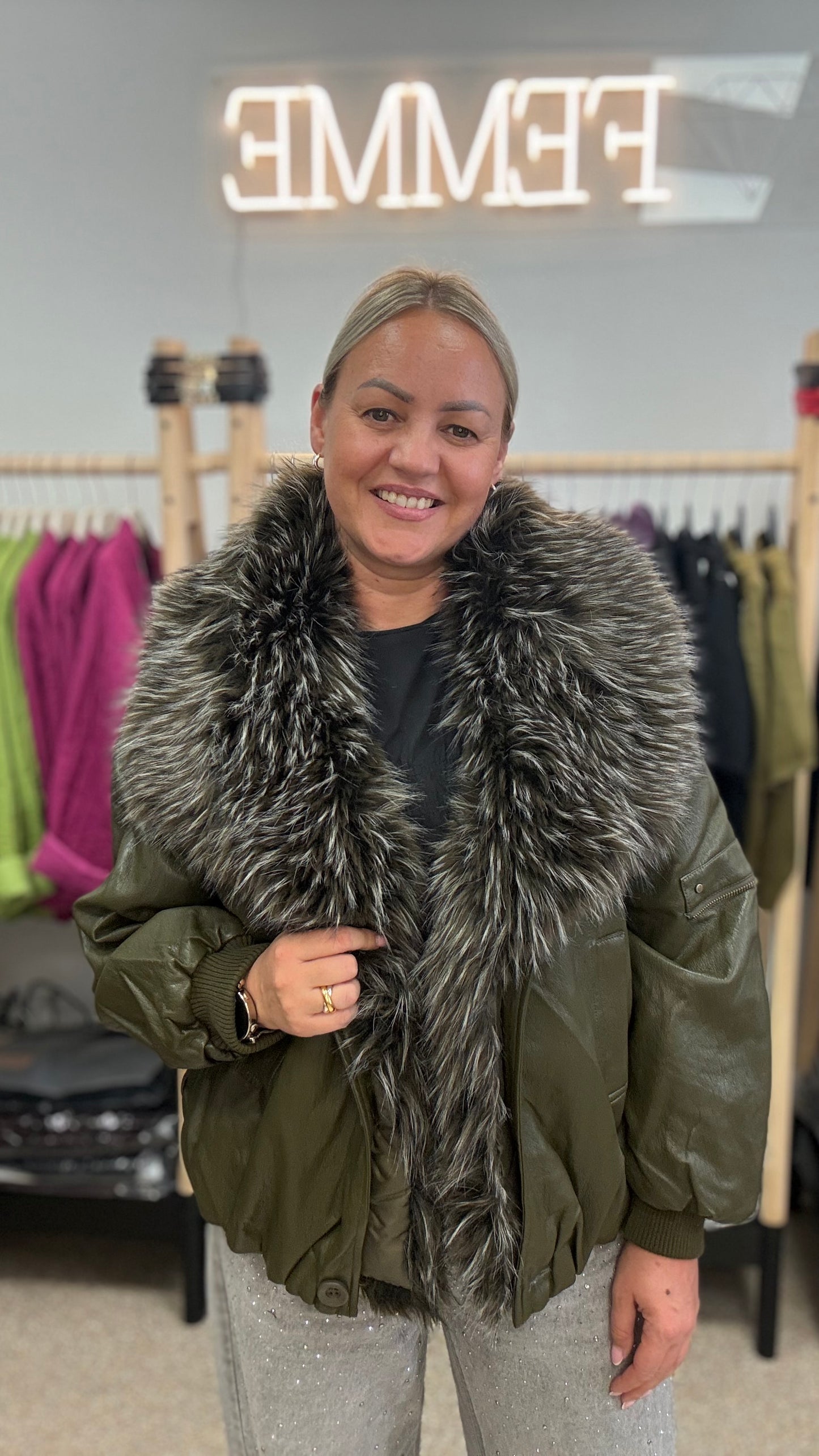 Faux leather jacket haki color
