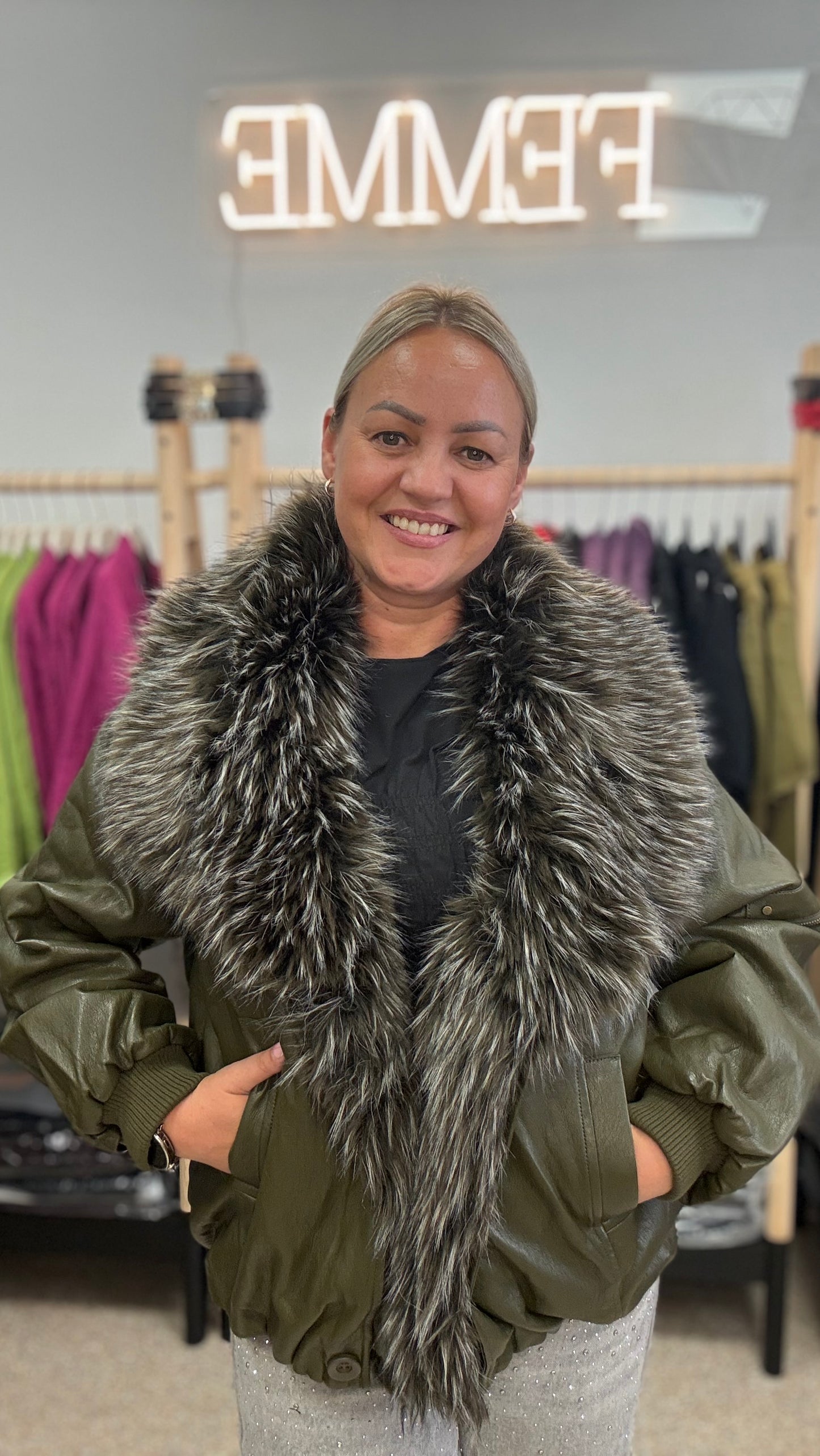 Faux leather jacket haki color