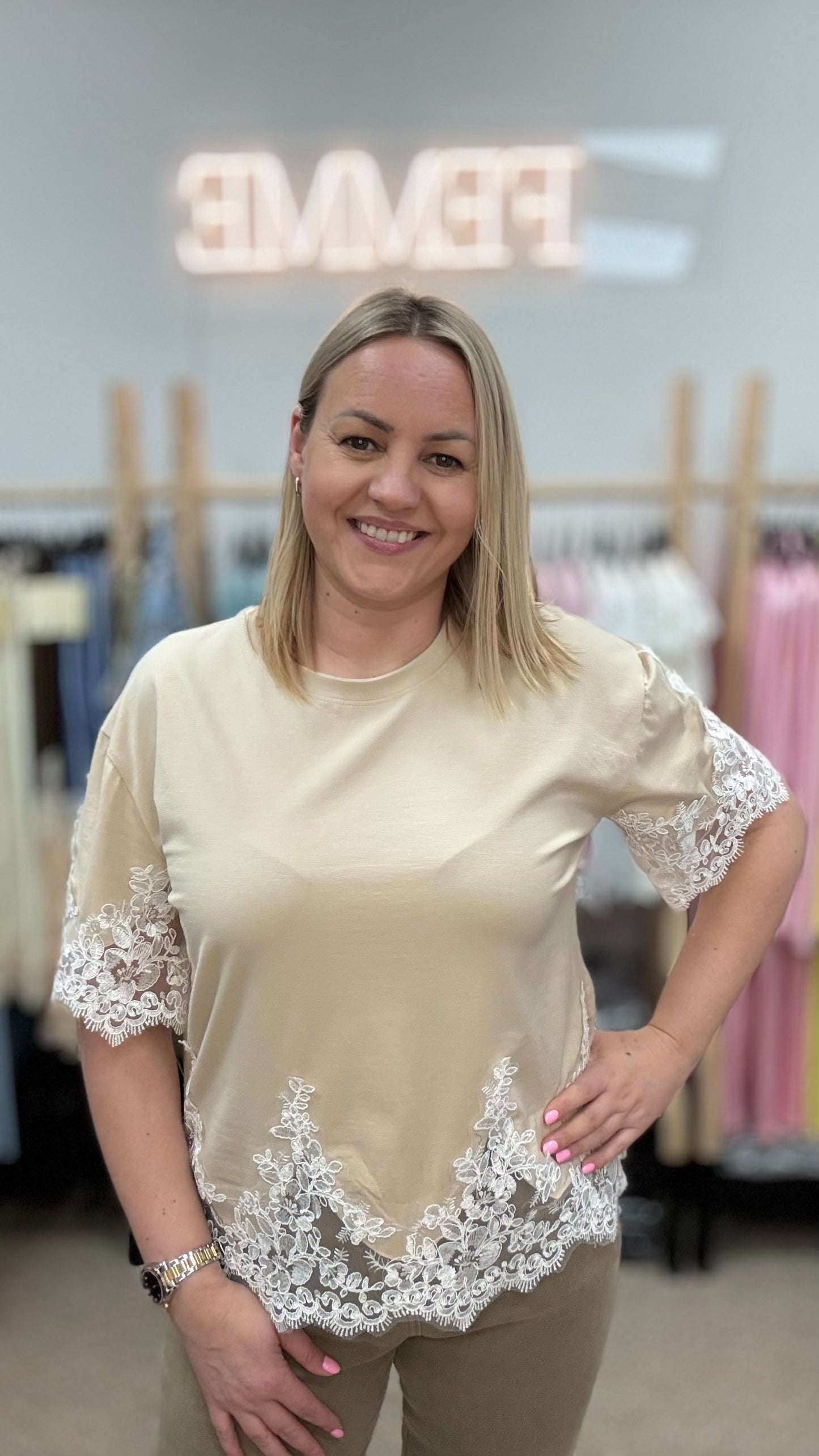 Beige T-shirt with lace