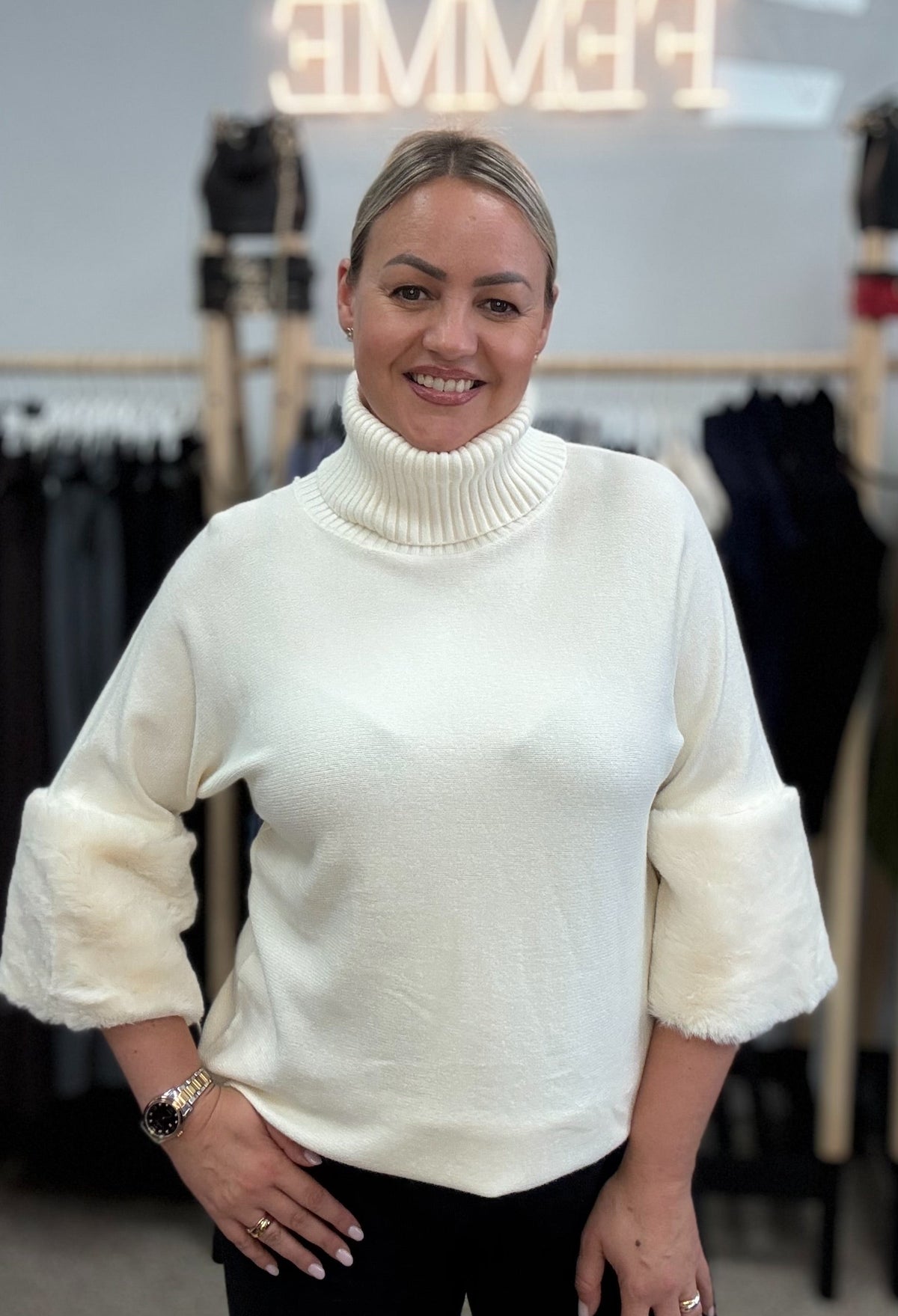 White Turtleneck Sweater with Faux Fur Sleeves
