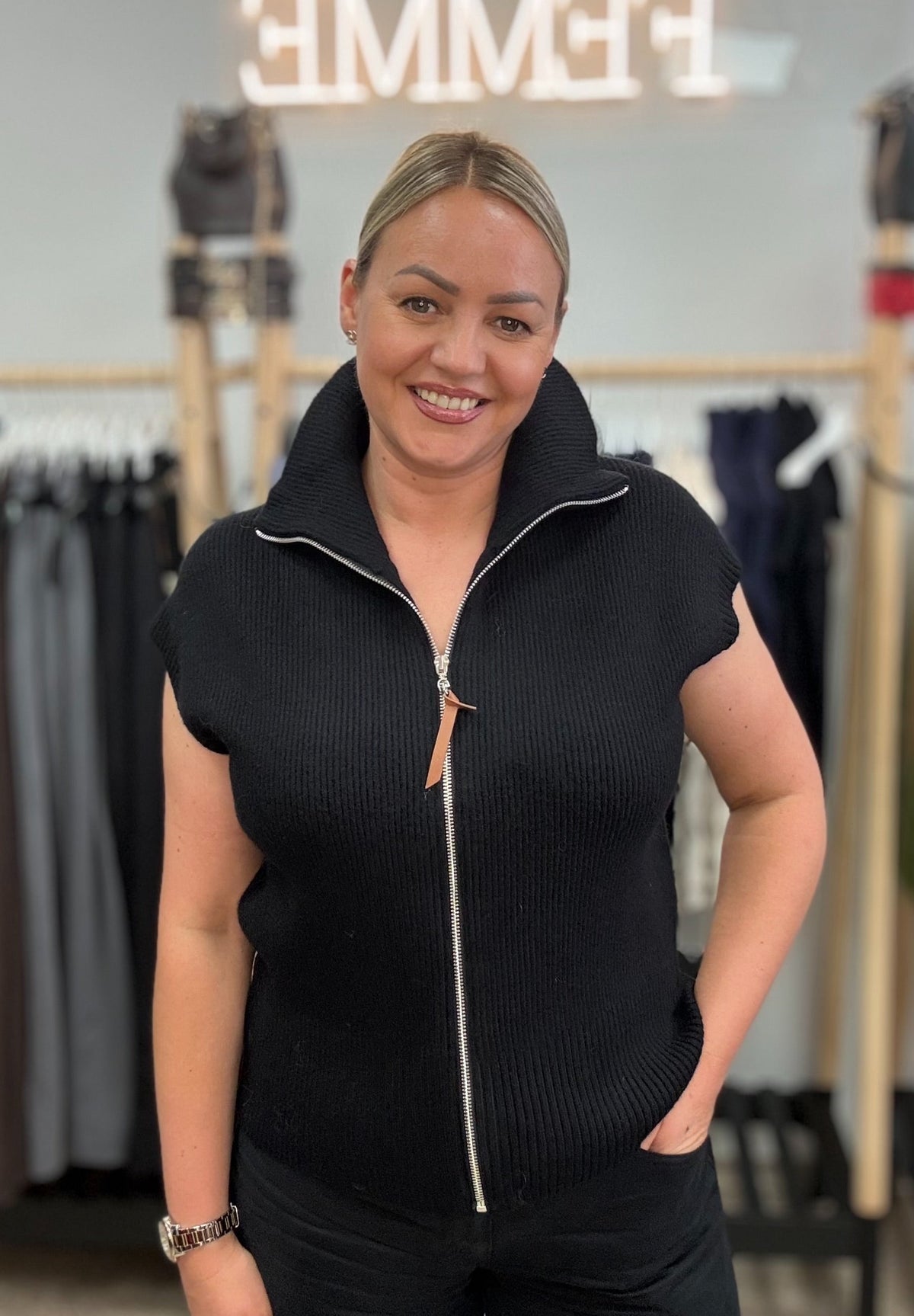 Black Knitted Zip-Up Vest