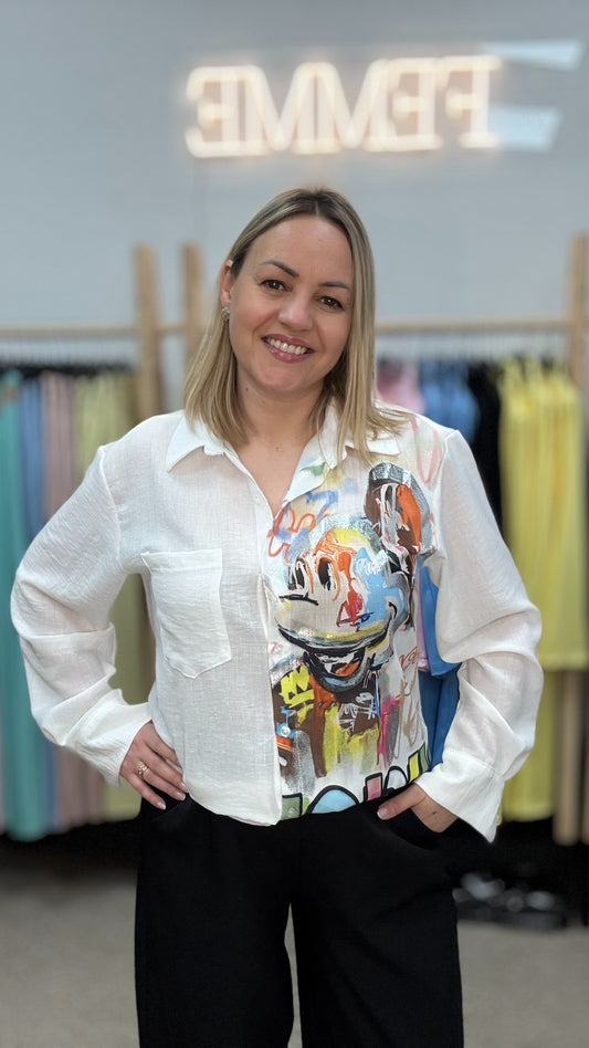 Blūze baltā tonī ar Mikimausa printu 