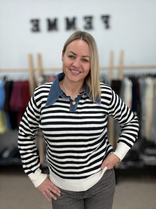 Svītrains džemperis ar džinsa apkakli 